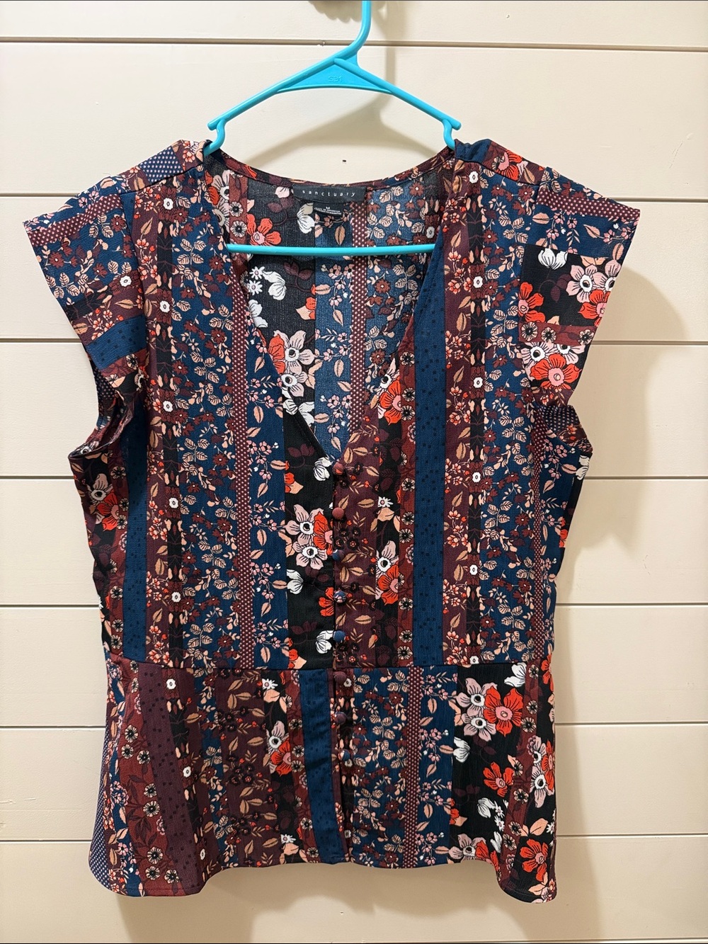 Sanctuary Navy and Maroon Floral Stripe V-Neck Peplum Top